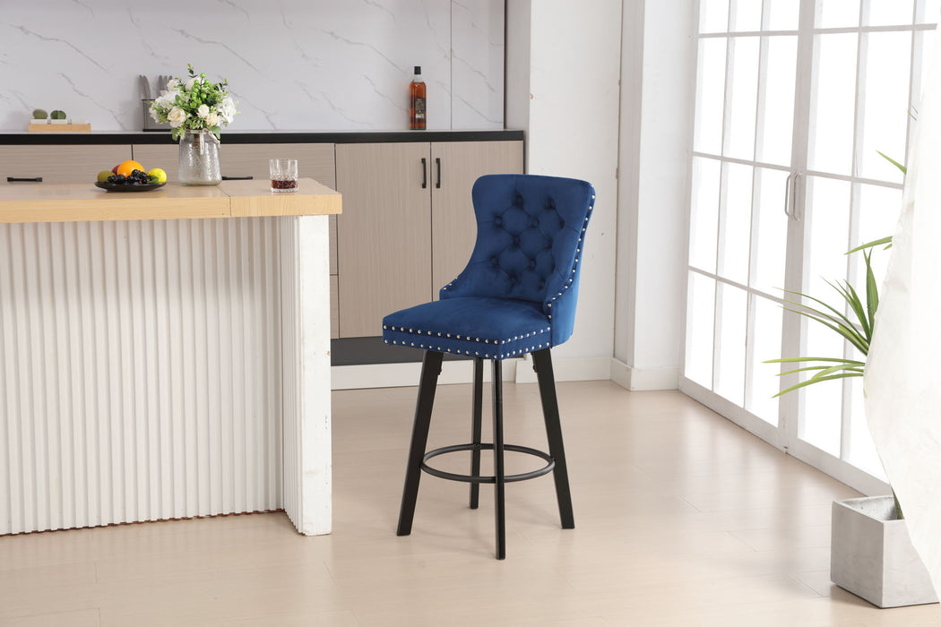 Ys - Modern Swivel Bar Stools Velvet Barstools Button Tufted Bar Stools Rivet Trim Bar Stools For Kitchen Island, Bistro, With Metal Pull Ring Sturdy Footrest Large Backrest For Home Bar - Blue