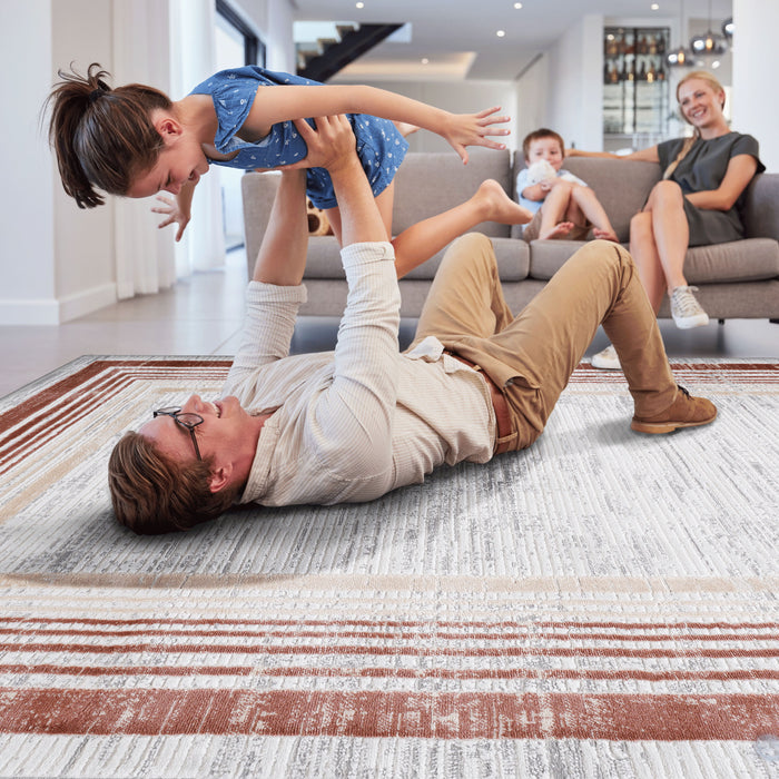 8' x 10' Bordered Non-Shedding Living Room Bedroom Dining Home Office Stylish And Stain Resistant Area Rug - Brown / Ivory