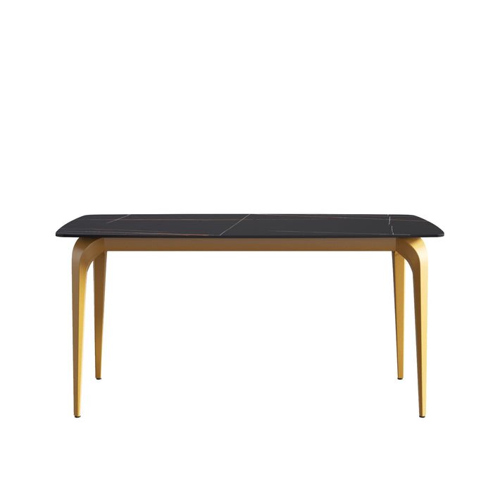 63" Modern Artificial Stone Black Curved Golden Metal Leg Dining Table, 6 People - Black / Gold