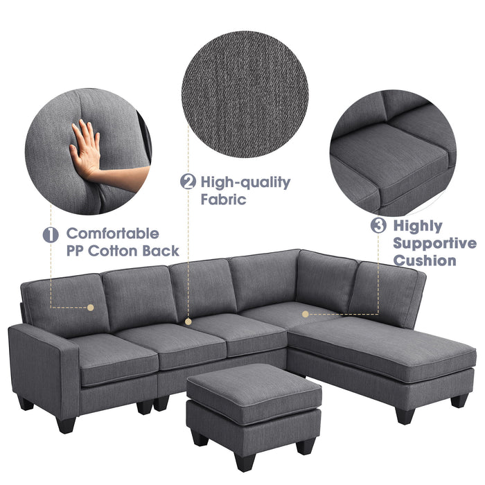 Modern L-Shaped Sectional Sofa, 7-Seat Linen Fabric Couch Set With Chaise Lounge And Convertible Ottoman For Living Room, Apartment, Office