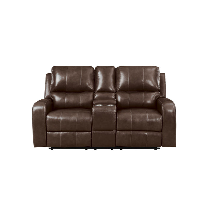 Linton - Loveseat console de couro com poltronas reclináveis ​​duplas