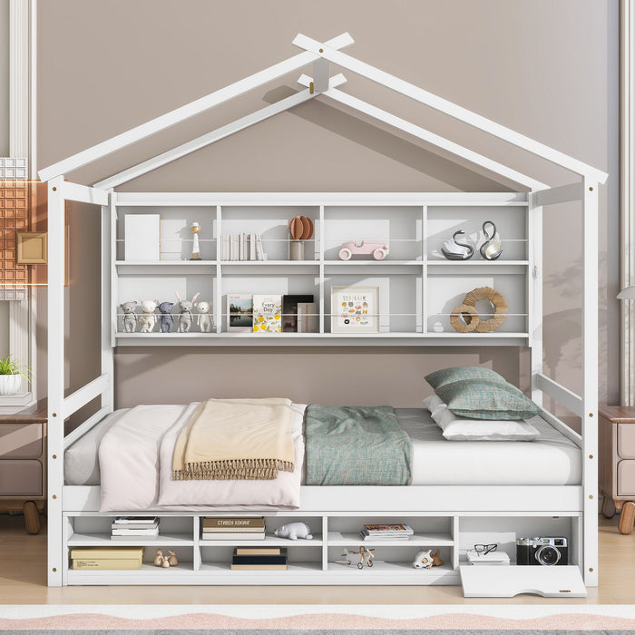 Full House Bed With Roof Frame, Bedside-Shelves, Under Bed Storage Unit - White