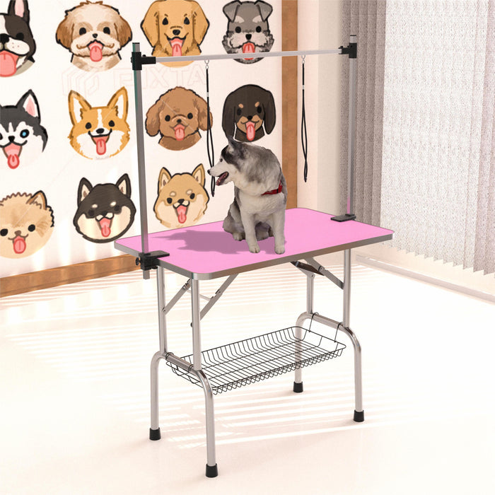 Folding Dog Pet Grooming Table Stainless Steel Frame Rubber Mat On Board With Adjustable Arm And Clamps Pet Dog Cat Grooming Table - Pink