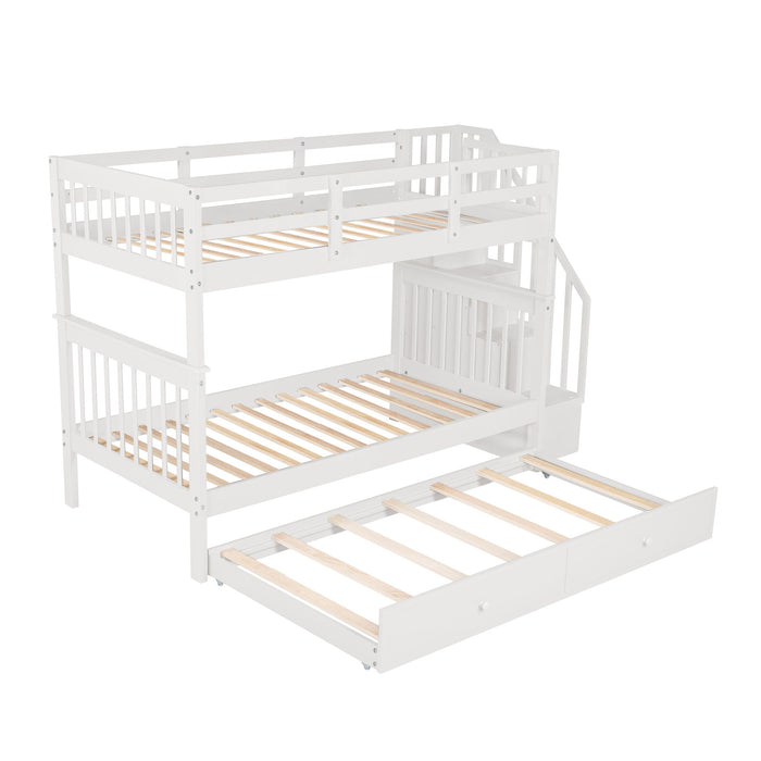 Stairway Twin Over Twin Bunk Bed With Twin Size Trundle For Bedroom - White