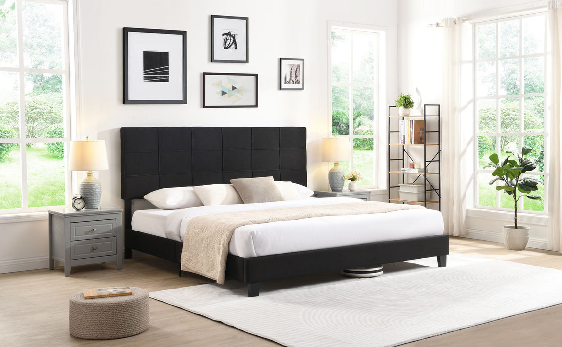 King Size Upholstered Platform Bed Frame With Linen Fabric Headboard, No Box Spring Needed, Wood Slat Support, Black