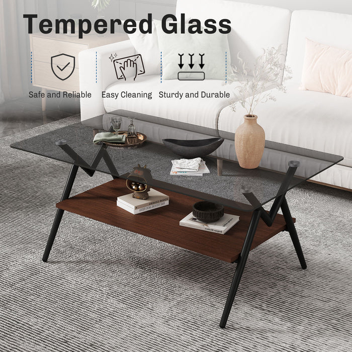 Rectangle Coffee Table With Tempered Glass Top And MDF Shelf, Modern Table For Living Room