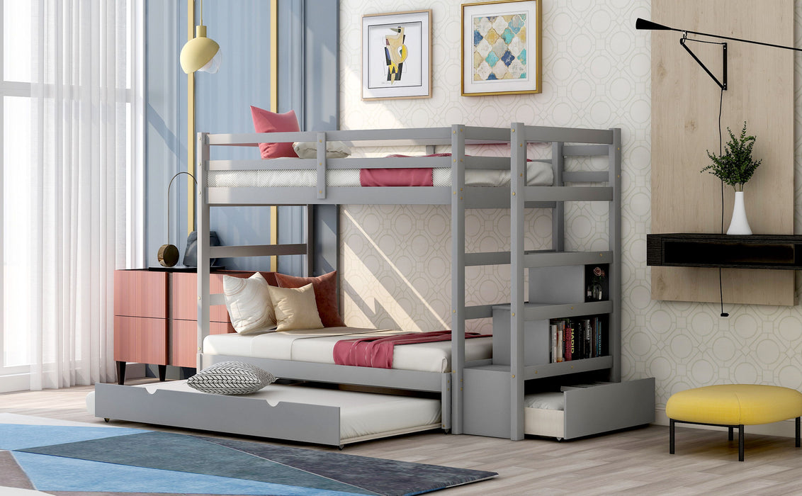 Twin Over Twin / King (Irregular King Size) Bunk Bed With Twin Size Trundle, Extendable Bunk Bed - Gray