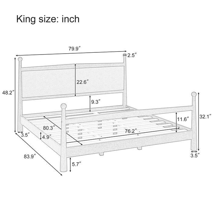 Mid-Century Modern Solid Pine Platform Bed With Upholstered Headboard, No Box Spring Needed