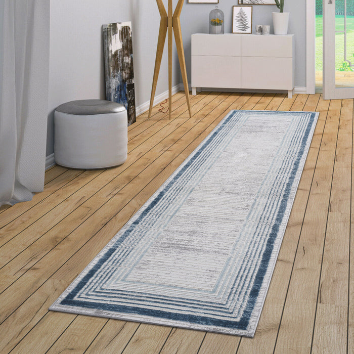 2' x 8' Bordered Non-Shedding Living Room Bedroom Dining Home Office Stylish And Stain Resistant Area Rug - Blue / Ivory