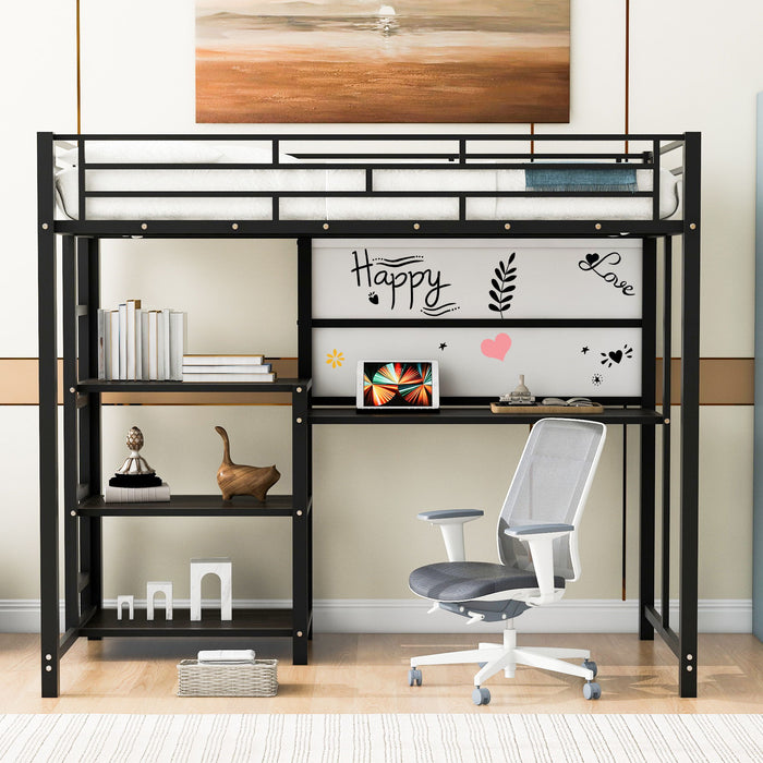 Twin Size Loft Bed With Desk And Whiteboard, Metal Loft Bed With 3 Shelves And Ladder - Black