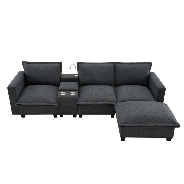 Modern Sectional Cloud Sofa With Console USB Charger Reading Light Cup Holder, Wide Seat 4 Seat Modular Couch Storable Indoor Funiture