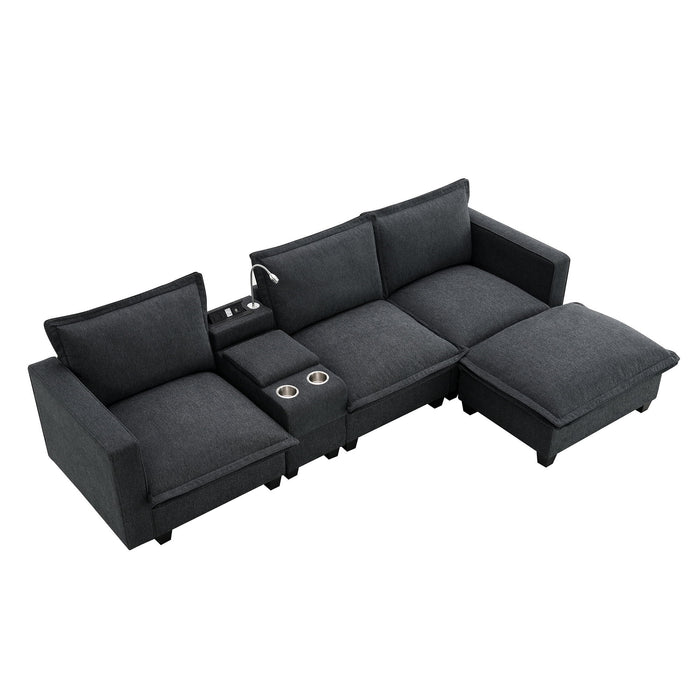 Modern Sectional Cloud Sofa With Console USB Charger Reading Light Cup Holder, Wide Seat 4 Seat Modular Couch Storable Indoor Funiture