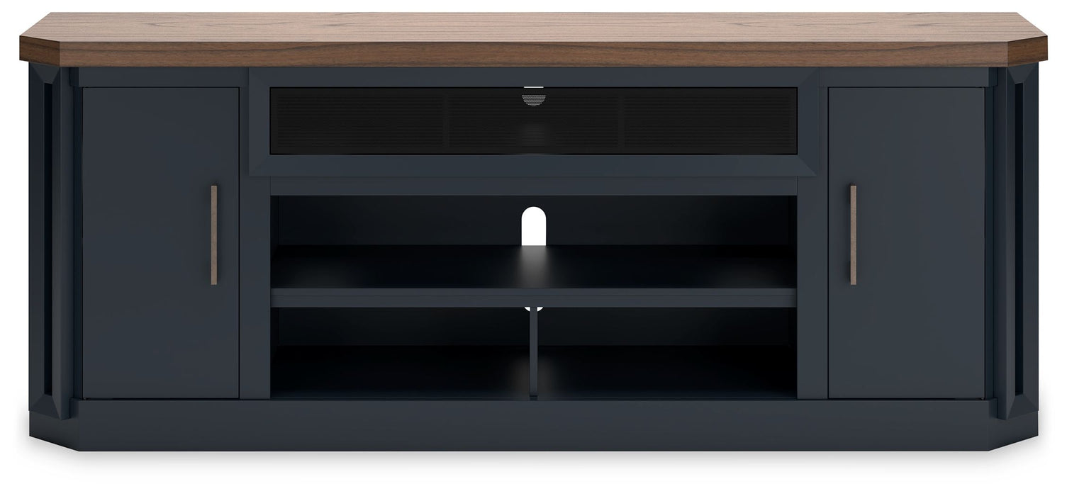 Landocken - Marrón / Azul - Mueble para TV XL con opción de chimenea