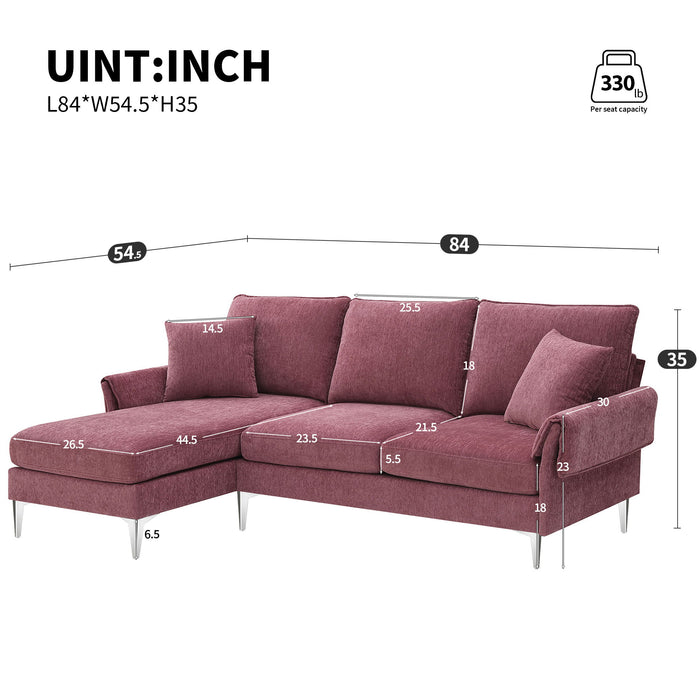 Modern Chenille L-Shaped Sofa With Reversible Lounge, Convertible Sectional Couch Set, 4 Seat Indoor Furniture With Reversible Chaise, Fit For Living Room, Apartment (2 Pillows)