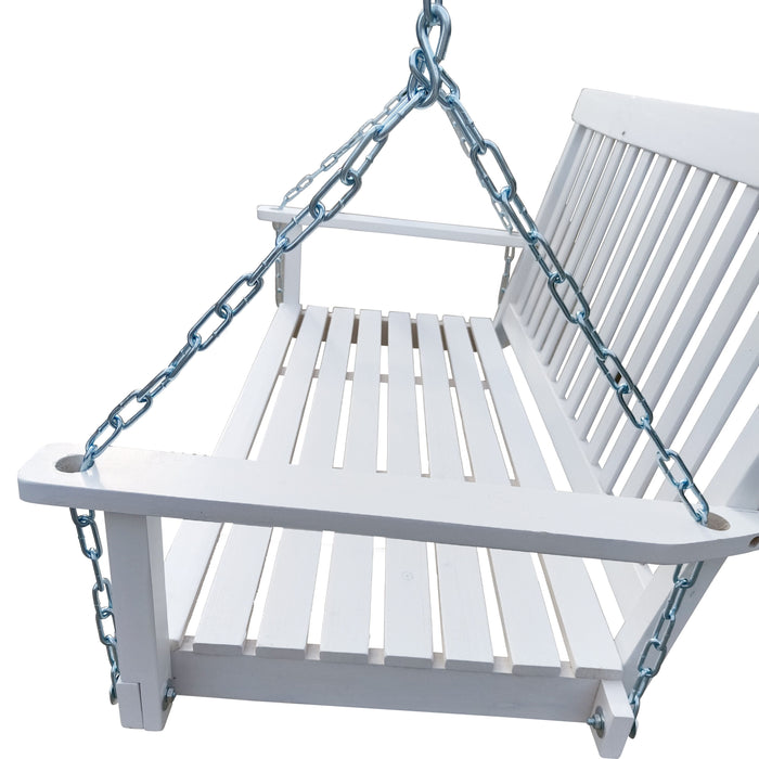 Front Porch Swing With Armrests, Wood Bench Swing With Hanging Chains, For Outdoor Patio, Garden Yard, Porch, Backyard, Or Sunroom, Easy To Assemble, White