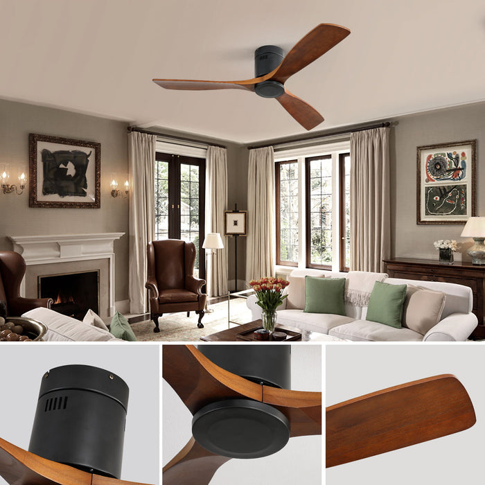 Indoor Wooden Ceiling Fan With 3 Solid Wood Blades Remote Control Reversible Dc Motor Without Light - Dark Brown / Black