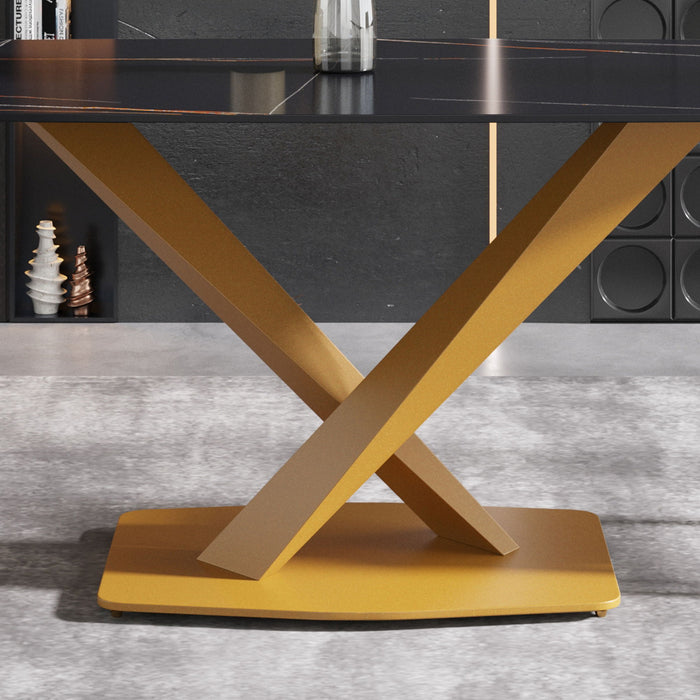 63" Modern Artificial Stone Black Curved Metal Leg Dining Table - Black / Gold