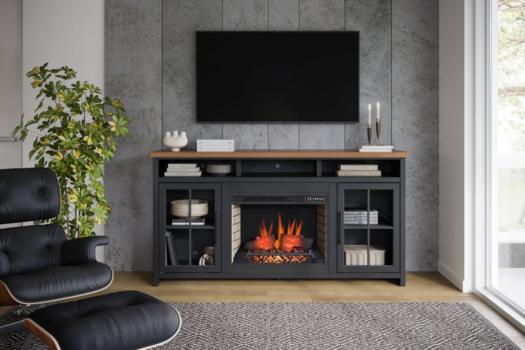 Bridgevine Home - Essex 74" Fireplace TV Stand Console - Black and Whiskey Finish