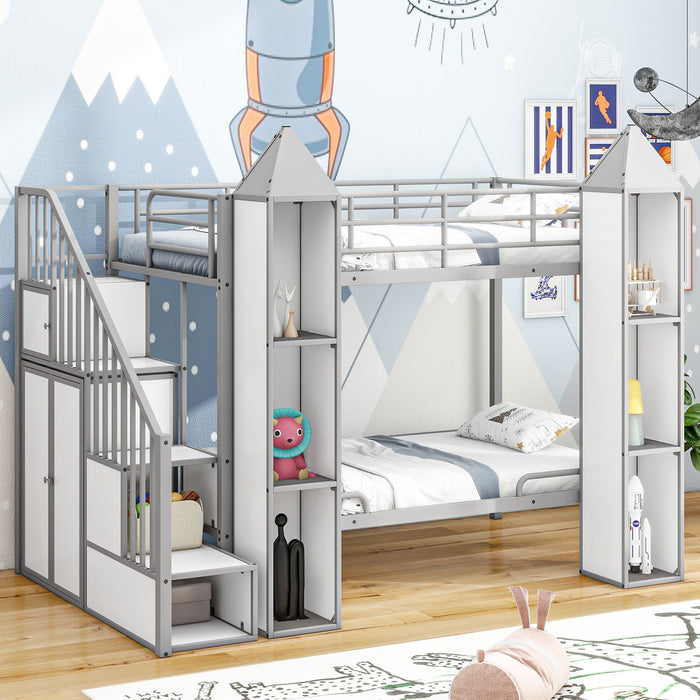 Metal Twin Over Twin Castle-Shaped Bunk Bed With Wardrobe And Multiple Storage - Gray / White