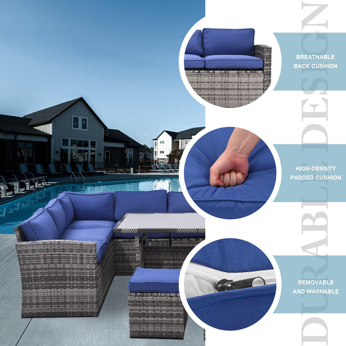 7 Pieces Outdoor Sectional Conversation Sofa With Dining Table, Chairs And Ottomans, All Weather, With Backrest And Removable Cushions