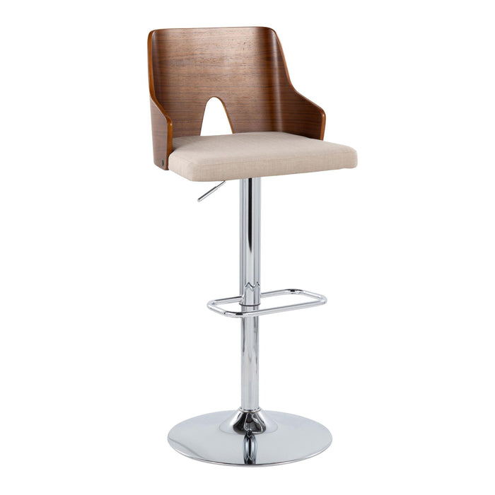 Ariana - Mid-Century Modern Adjustable Barstool With Swivel With Rounded Rectangle Footrest (Set of 2) - Chrome / Walnut / Beige