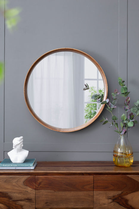 Round Pine Wood Mirror, Wall Mounted Mirror Home Decor For Bathroom Living Room - Brown