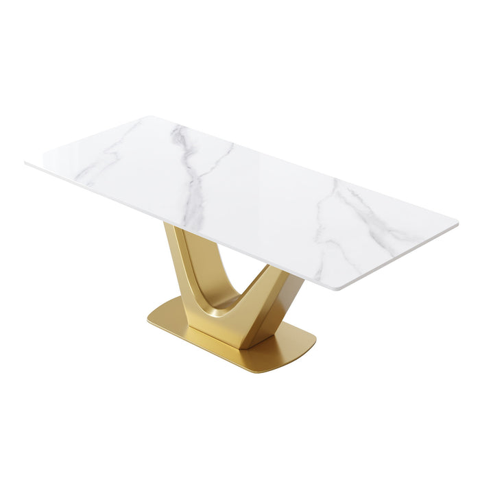 70.84" Modern Artificial Stone Panel V-Shaped Metal Legs, Can Accommodate 6-8 People - White / Gold