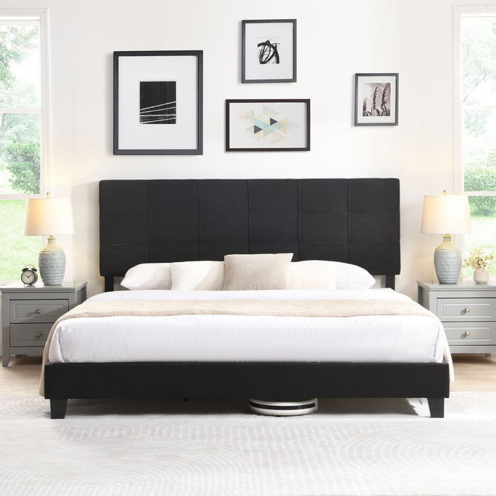 King Size Upholstered Platform Bed Frame With Linen Fabric Headboard, No Box Spring Needed, Wood Slat Support, Black