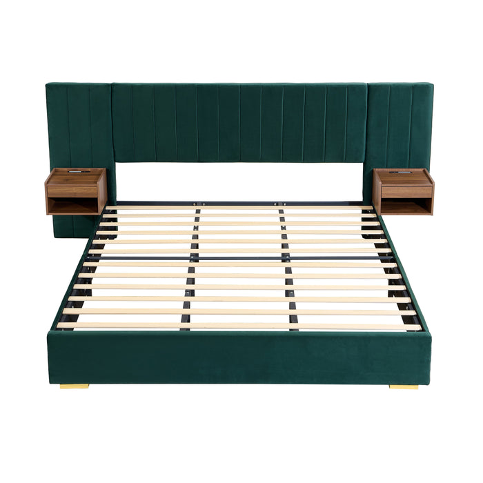 Upholstered Bed Frame Of Velvet Tufted Headboard With Floating Nightstand LED / USB Built