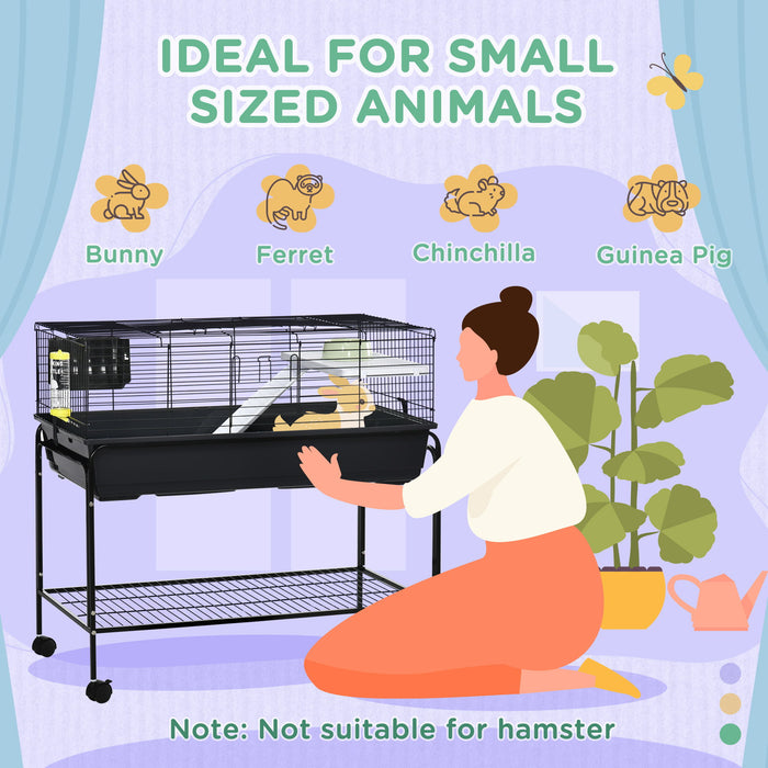 Pawhut - Two-Story Small Animal Cage Removable From Stand, Guinea Pig Cage, Hedgehog Cage, Chinchilla Cage, Ferret, With Shelf & Wheels, Pet Habitat - Black