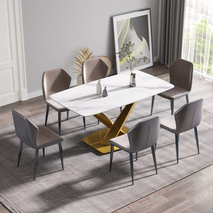 63" Modern Artificial Stone White Curved Metal Leg Dining Table, 6 People - White / Gold