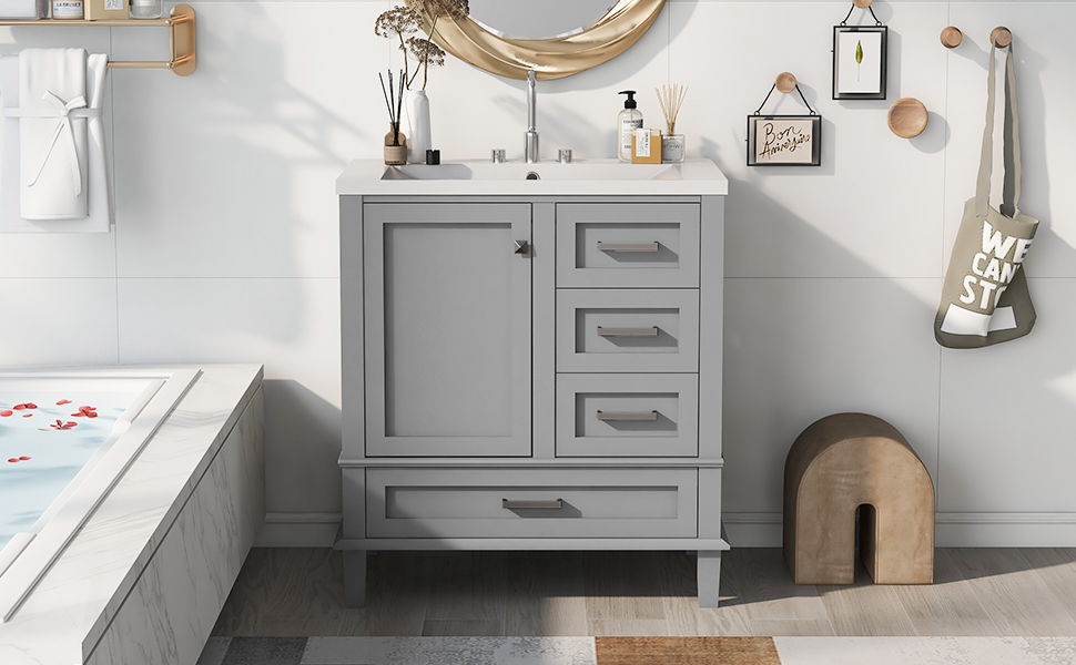 Bathroom Vanity, Modern Bathroom Cabinet With Sink Combo Set, Bathroom Storage Cabinet With A Soft Closing Door And 3 Drawers, Solid Wood Frame, Resin Basin