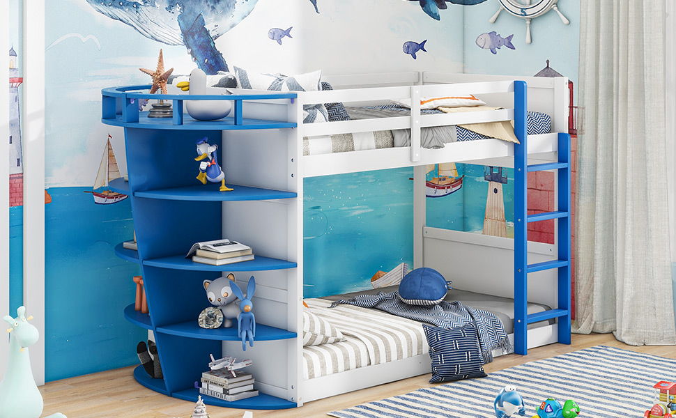 Kids Furniture - Boat-Like Shape Bunk Bed With Storage Shelves