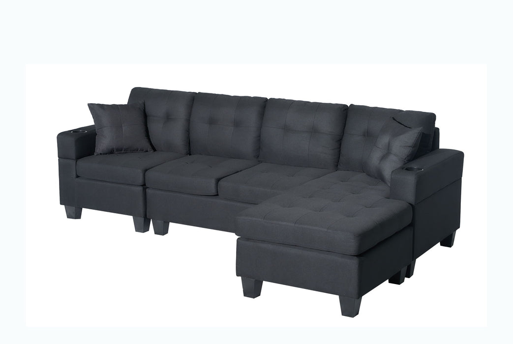 Nala - Wide Fabric Reversible Sectional Sofa With Cupholders And 2 Throw Pillows - Black