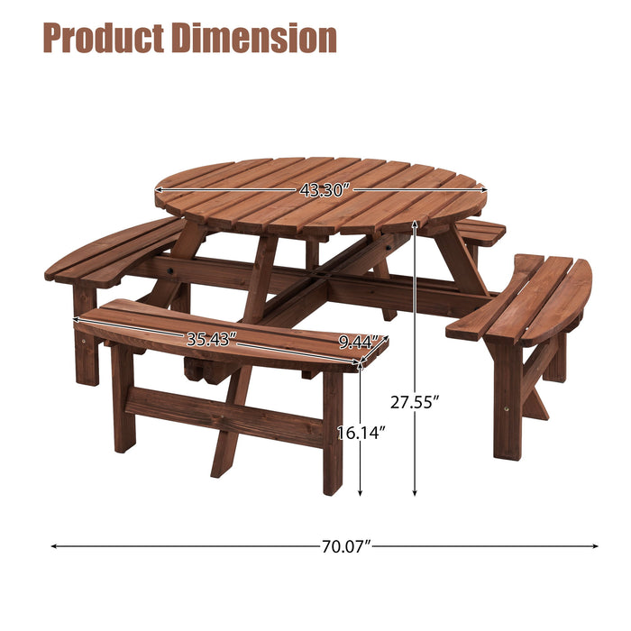 8 Person Wooden Picnic Table, Outdoor Camping Dining Table With Seat, Garden, Diy With 4 Built-In Benches, 2220Lb Capacity