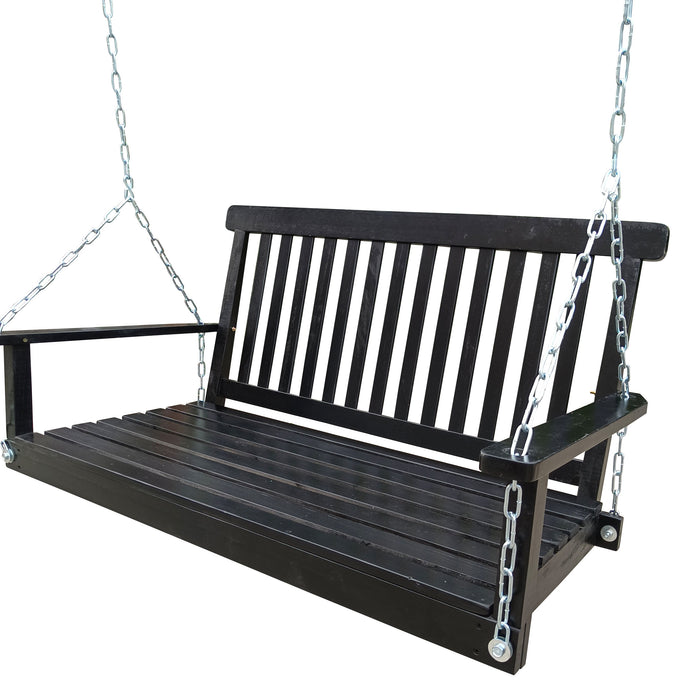 Front Porch Swing With Armrests, Wood Bench Swing With Hanging Chains, For Outdoor Patio, Garden Yard, Porch, Backyard, Or Sunroom, Easy To Assemble, Black