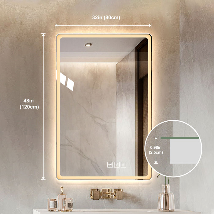 48" Bathroom Mirror With LED Lights Front And Backlit, Anti-Fog Lighted Vanity Mirrors For Wall Mounted And 5 Level Dimmable, Horizontal / Vertical - Clear