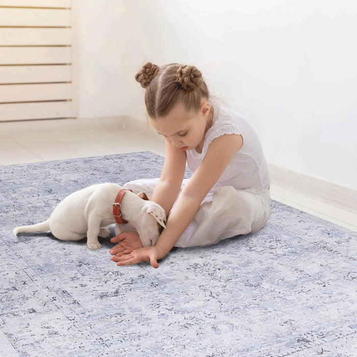 2'6'' X 10' Area Rug, Washable Rug, Low-Pile, Non-Slip, Non-Shedding, Foldable, Kid & Pet Friendly Area Rugs For Living Room, Bedroom, Kitchen, Dining Room Rug, Perfect Gifts - Blue / Cream