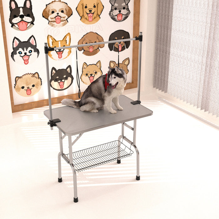 Folding Dog Pet Grooming Table Stainless Steel Frame Rubber Mat On Board With Adjustable Arm And Clamps, Pet Dog Cat Grooming Table - Silver Gray