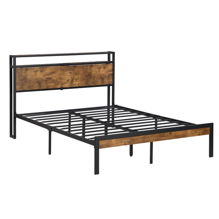 Full Size Metal Platform Bed Frame With Wooden Headboard And Footboard With USB Liner, No Box Spring Needed, Large Under Bed Storage - Brown