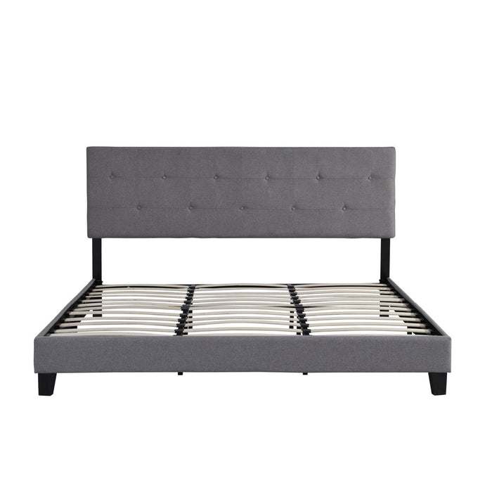 King Size Upholstered Platform Bed Frame With Button Tufted Linen Fabric Headboard, No Box Spring Needed, Wood Slat Support, Easy Assembly, Gray