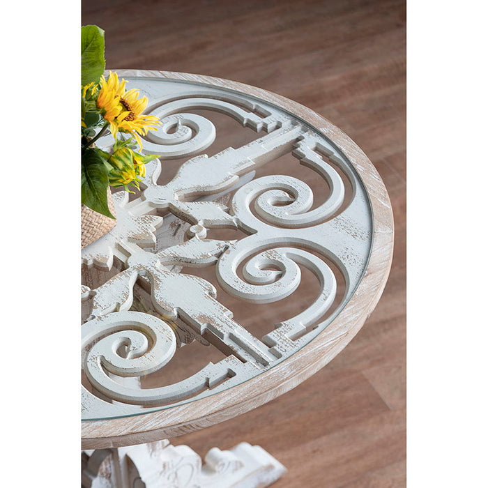 Round Wooden Carved Table, Distressed Finish Design - Antique White