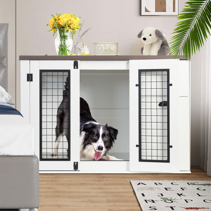 Furniture Style Dog Cage, Wooden Dog Cage, Double Door Dog Cage, Side Cabinet Dog Cage, Dog Crate - White / Deep Walnut