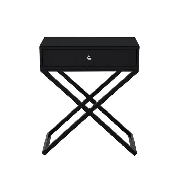 Koda - Wooden End Side Table Nightstand With Glass Top, Drawer And Metal Cross Base