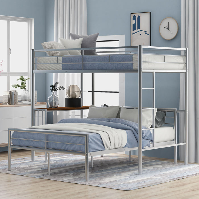 Twin Over Full Metal Bunk Bed With Desk, Ladder And Quality Slats For Bedroom - Metallic Silver