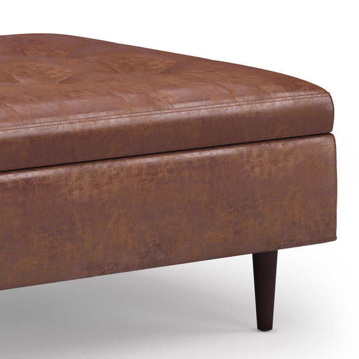 Shay - Mid Century Large Square Coffee Table Storage Ottoman - Distressed Saddle Brown