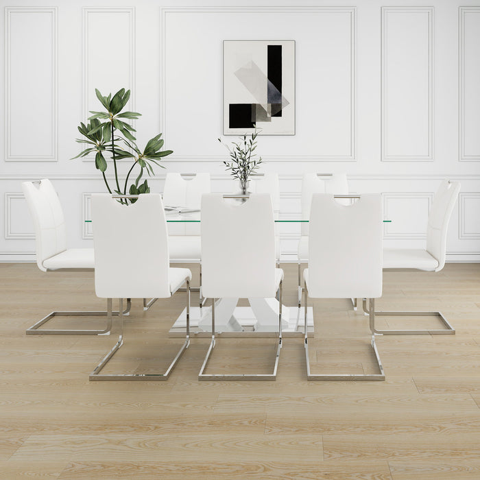 Modern Style Glass Dining Table With Elegant Transparent Design, Solid Support Base, Pale Yellow Dining Chair Set With Gold-Plated Legs, Suitable For Restaurant Kitchens