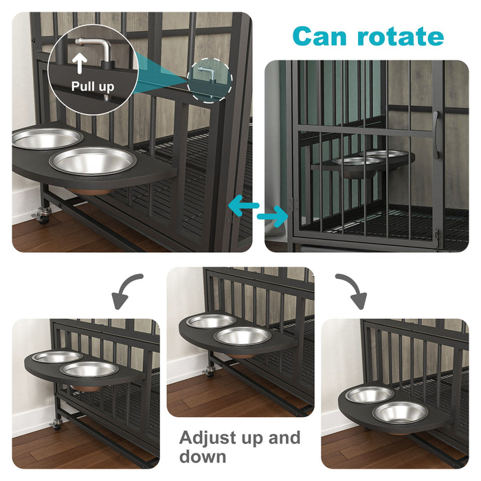 Modern Kennel Dogs Room Up To 60 Lb, Dog Crate Furniture With Multi-Purpose Rremovable Ttray, Double-Door Dog House, Lift Panel, 360 Degree Rotation, 3 Height Adjustable Feeding Bowls