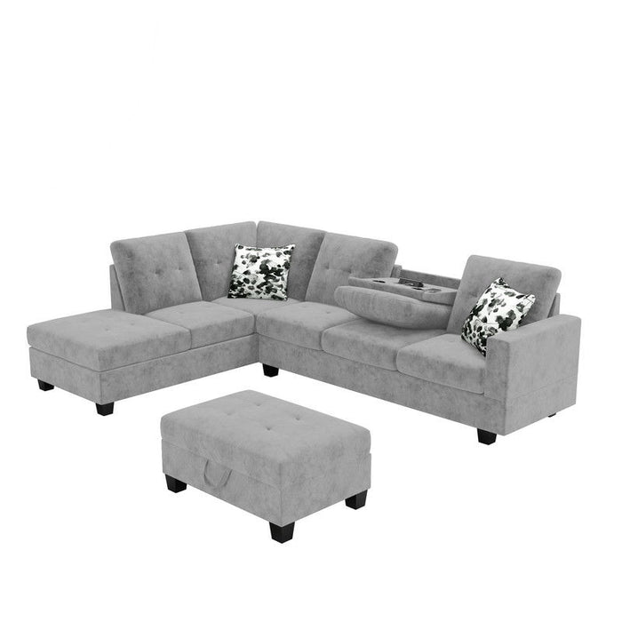 Remi - Velvet Reversible Sectional Sofa With Dropdown Table, Charging Ports, Cupholders, Storage Ottoman, And Pillows