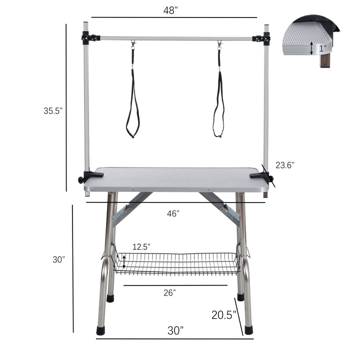 Folding Dog Pet Grooming Table Stainless Steel Frame Rubber Mat On Board With Adjustable Arm And Clamps Pet Dog Cat Grooming Table - Silver Gray